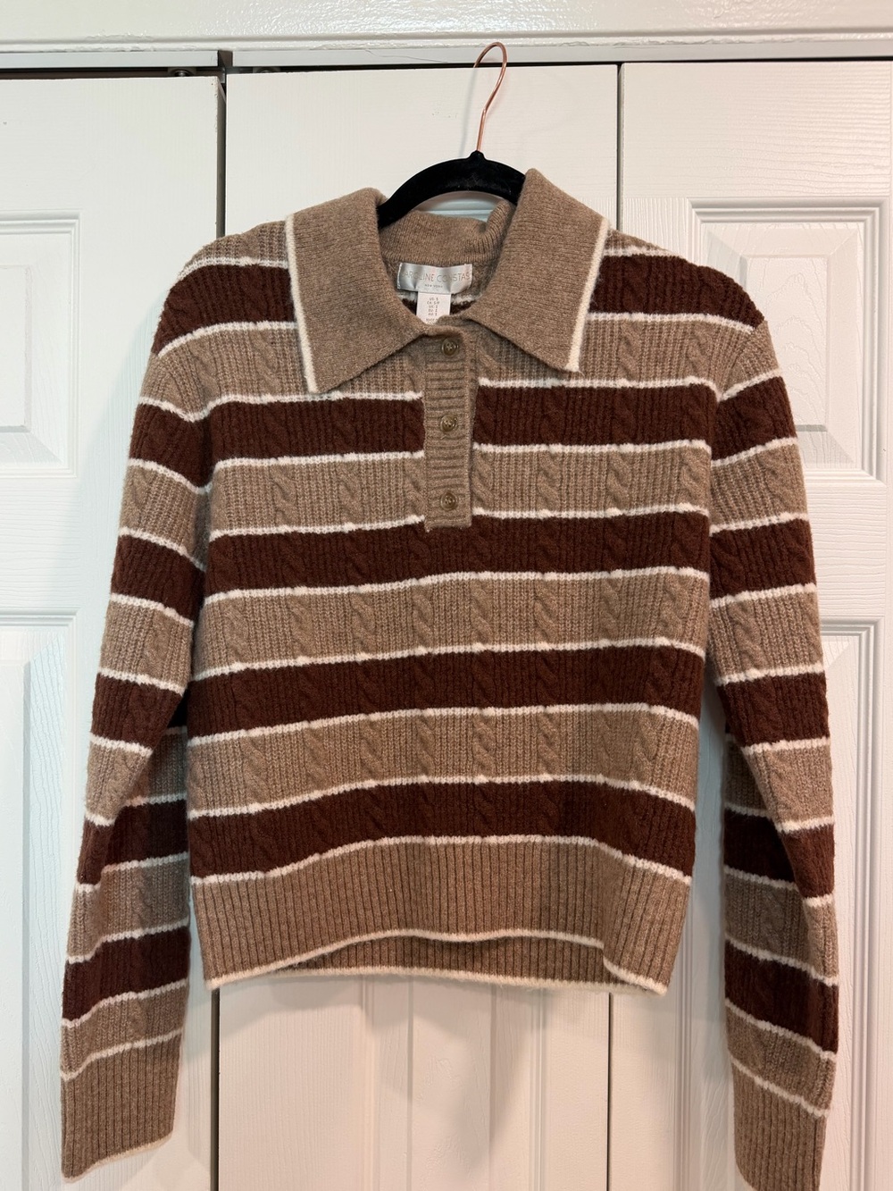Beautiful Caroline Constas Brown & White Striped Polo Sweater! - Picture 4 of 5